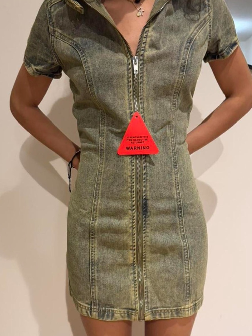 EGO Olive Green Zip-Front Denim Mini Dress - Picture 2 of 3